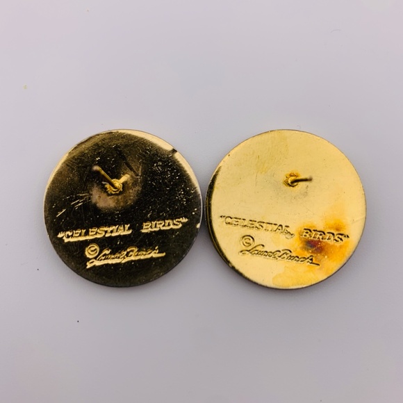 Signed Laurel Burch Gold Tone Black Enamel "Celestial Birds" Pierced Earrings 1" - Picture 3 of 4